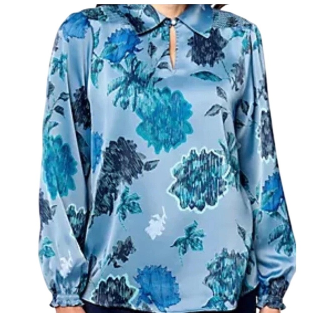 Canyon Retreat‎ Womens XL Blue Floral Print Collared Smocked Top Office Blouse - Picture 4 of 12